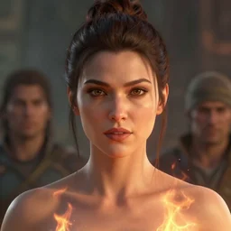 perfectly centered close up portrait of goddess of fire, perfect human female specimen, candid photography, by anne stokes and todd mcfarlane, updo, highly detailed, unreal engine 5