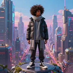 young 🧔🏿 wearing a gray do rag and a black winter puffer jacket and trendy street fashion hightop sneakers, facing the desperate and endless call of the metaverse, afro futuristic urban cityscape, unreal 5 engine render, vivid colors, high detail, studio ghibli, digital art, octane render, beautiful composition, trending on artstation, award - winning photograph, masterpiece