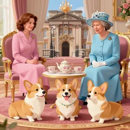 corgi dogs!!! having a tea party in buckingham palace with queen of england, 8 5 mm photo, 1 9 9 0, vogue magazine