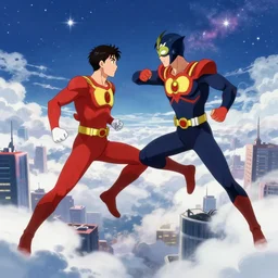two superheroes fighting in the clouds city of stars scenery anime style hd 8 k