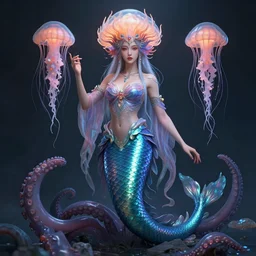 Full body photo of the most beautiful goddess, she has a jellyfish-phoenix head's and a siren body, some tentacles are touching her by Tooth Wu, trending on Artstation, digital art, symmetrical artwork, cinematic, hyper realism, high detail, octane render, 4k, 8k