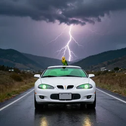white pontiac firebird with green tinted windows driving towards the camera, large lovebird on roof, landscape photography, mountains, cinematic, wide shot, low angle, thunder storm, lightning, wet road, reflective