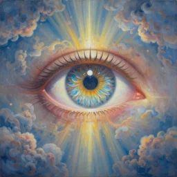 a painting of a giant eye in a cloudy sky, god rays, beautiful colors, surrealism, visionary art, fractals, matte painting, by christophe vacher