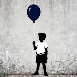 A black and white graffiti of boy holding a single dark blue balloon on a concrete background in the style of Banksy, graffiti, digital art