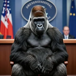 an image of a gorilla sitting in a chair in the presidental press briefing room, hyper realistic, 4 k, depth of field.
