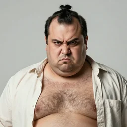 character portrait : obese man with olive skin. black hair, balding with a comb over. light shirt unbuttoned. extremely hairy chest. greek. angry.