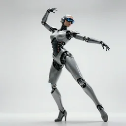 low angle portrait photo by bouguereau of female dancer as a cyberpunk mecha humanoid robotic parts wearing goggles with led lights, inside white room, ultra - realistic and detailed, 8 k