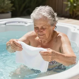 wet grandma drying out in the sun after playing in the hot tub, hyperrealistic, photo realistic, realistic, beautiful white lighting, in the middle of the day