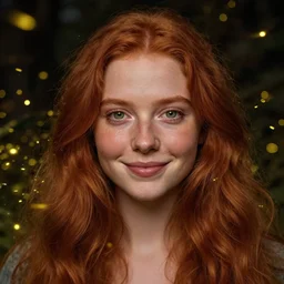 portrait of a young woman, among the lights of golden fireflies and nature, long loose red hair, intricate details, green eyes, hint of freckles, round gentle face, happy, deep focus, smooth, sharp, golden ratio, hyper realistic digital art by artemisia lomi gentileschi and caravaggio and artgerm