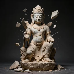 studio photography of an ancient idol statue getting smashed into pieces, dramatic lighting