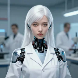 a portrait of a android scientist girl with white hair by krenz cushart and stephan martiniere