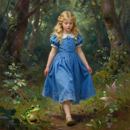 a beautiful detailed intricate photorealistic painting of a young blond girl in a blue dress woman walking through a forest. there is a cute frog on the ground by her feat. fairy tail. vibrant. beautiful. photorealistic. hd. hq. trending on arstation.