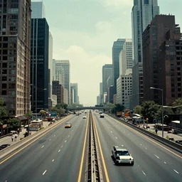 a beautiful cinematic photograph of a retro - futuristic highway in a brutalist downtown city by greg rutkowski and mark romanek and christopher nolan, sci - fi