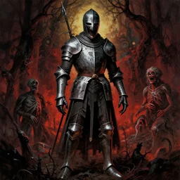 cinematic colorful horror artwork by jean delville, beksinski, bernie wrightson ; ancient knight, full body concept, haunting, brutal scary terrifying, 8 k hdr, creepy intricate ; dramatic lighting, insanely detailed