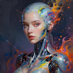 a beautifull futuristic biomechanical humanoid woman with pretty face in intricate detailed color smashing fluid oilpaint, futuristic digital painting, cyberpunk, 8 k, hyper detailed, octane render, concept art, by peter mohrbacher, by wlop, by ruan jia,