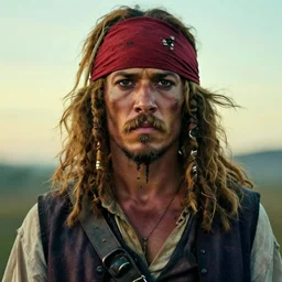 photo portrait of an rugged albino african pirate with a red headband | brown vest | young adult, thin blonde mustache, afro blonde hair, stern face, rugged and dirty, cinematic lighting at sundawn, movie color grading