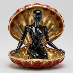 cyborg made of black porcelain and black onyx, with blue robotic eyes, in the golden shell with red rose pattern, in Beeple style
