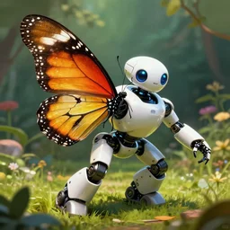 a beautiful butterfly robot in the garden, detailed illustration, concept art, dynamic colour palette, highly detailed, high contrast, strong lighting