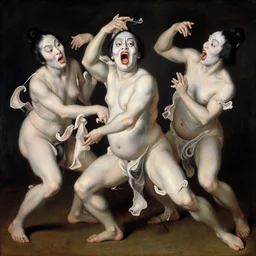 flayed butoh dancers making extreme facial expressions painted by pre - raphaelites