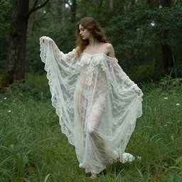 only one beautiful young nymph in an artistic pose covered in lace intricate translucent loosen cloths wandering in a dense forest with meadows, highly detailed cinematic digital by artgerm, wlop, by boris vallejo, by alphonse mucha painting
