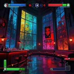 large lounge with very tall windows, bar, horror movies decorations, gameplay still frame, 4 colors, pixel art, futuristic, splash screen, level design, high contrast, background, deep focus, highly detailed, dramatic lighting, digital painting, artstation, concept art, matte, greg rutkowski, moebius.