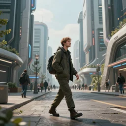 Slavic citizen walking on a street of a future city, art book, 4k, Unreal engine, hyperrealistic, Flickr, by Maciej Kuciara