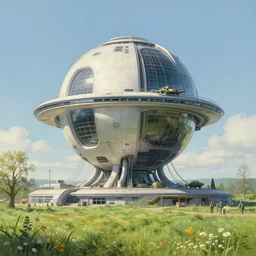 a beautiful futuristic building architecture with a single spherical designed by boeing and starwars and military army and feadship, fat cables and tubes at the sphere base, factory style, in the french countryside, spring season, beautiful grass and flowers, highly detailed painting by studio ghibli and louis remy mignot, leyendecker, craig mullins, readable photography, nice afternoon lighting, fine and smooth tiny details, soft and clear shadows, low contrast, perfect