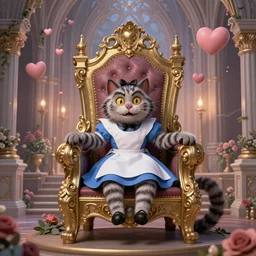 'cheshire cat' from 'alice in wonderland' as elden lord, sitting on throne, background is ornate castle in rococo style, beautiful architecture, falling hearts, flowers