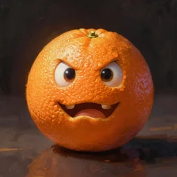 an orange with eyes and mouth, making a weird face
