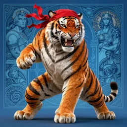 full body portrait of anthropomorphic tiger as fighting champion, growling, strong and ferocious, red tattered bandana by artgerm, cushart krenz, greg rutkowski, mucha. art nouveau. gloomhaven, full body tiger fur, blue tonal background, vibrant colors, sharp edges. ultra clear detailed. 8 k. elegant, intricate, octane render