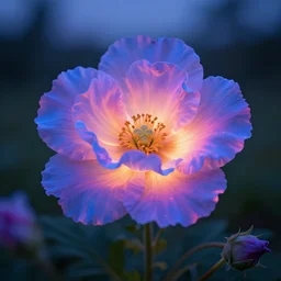 Luminescent flower blooming at twilight, realism, photorealism, f 3.5, photography, octane render, highly detailed, vray, volumetric lighting, unreal engine