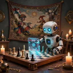 a beautiful tapestry, a small robot playing a futuristic holographic chessgame, ultra detailed, atmospheric lighting, steampunk, moody, candles, characters from machinarium, by banksey, trending on artstation, octane render, 8 k, ultra realistic
