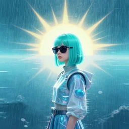 a lonely girl with turquoise hair alone in vast cyberspace, glitching through the rain, sunburst background, wearing sunglasses, wearing futuristic clothes, vibrant colors, glitchy, rule of thirds, spotlight, drips of paint, expressive, passionate, by greg rutkowski, by jeremy mann, by francoise nielly, by van gogh, digital painting