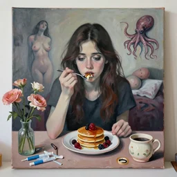a self - portrait in a female artist's bedroom, depressed emo girl eating pancakes, berries, surgical supplies, handmade pottery, flowers, sensual, octopus, neo - expressionism, surrealism, acrylic and spray paint and oilstick on canvas