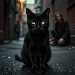 one eyed black cat, in back alley, scary, cinematic lighting by gaston bussiere, j. c. leyendecker, craig mullins