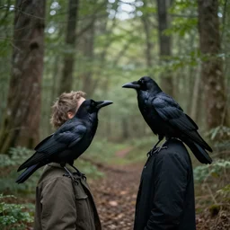 mixture between a human and! crow, photograph captured in a forest