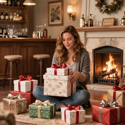 kate beckinsale opening many presents, sit in fantasy tavern near fireplace, behind bar deck with bear mugs, medieval dnd, colorfull digital fantasy art, 4k