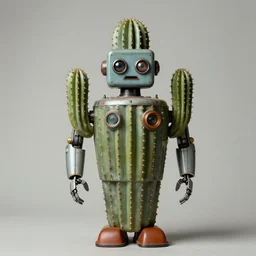 1950s retro cactus robot, Head room. Bionic Arms and eyes. muted colours. by Jean-Baptiste Monge, wide shot