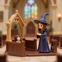 a story about a witch begging for her life in a church, toy set,