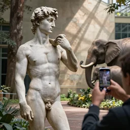 the statue david from michelangelo taking photos with a smartphone of the elephants in the british zoo