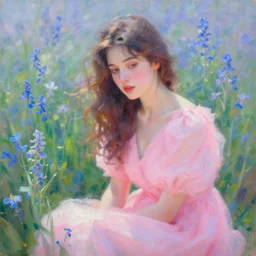 a portrait of a beautiful woman, intimate, lovely, painting by leonid afremov, rolf armstrong and milton avery, digital painting, faded color disposition, vibrant neon pastel, pink dress, field of blue flowers, magical, aesthetic