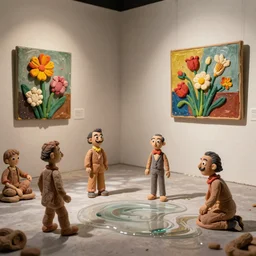 plasticine sculpture stop motion. salvador dali clay models. shadows. gallery paintings of flowers. visitors. water on floor. room with a hole in wall. john craxton. high detail. photorealistic