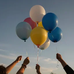 balloons flying in the sky, all of them are different colors, and you can see kids'hands with slap bracelets on them