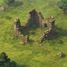 point and click 2 d graphic adventure game background featuring destroyed ruins of a small structure in a grassy field, art inspired by thomas kinkade, detailed fantasy digital painting
