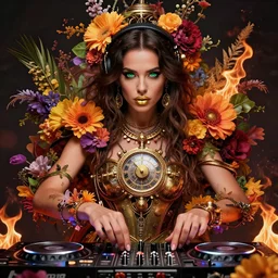 front frontal portrait of a beautiful female disk jockey playing music, green eyes, gold lips, entwined in colourful lush flowers and fire, highly detailed, volumetric lighting, intricate time machine, decadent, highly detailed, octane render, concept art, smooth, sharp focus, hyper - realistic