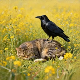 weaved wildflowers seem to cover nearly every inch of the canvas. they look golden in the sunshine and seem to stretch down towards a slumbering cat. a large black crow is perched upon the cats back
