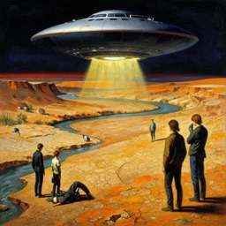 the ufo crash site at a dry desert river bed by ivan shishkin and zacharias aagaard and simon stalenhag and escher, chiaroscuro, tonalism, sfumato, high saturation, high contrast, vibrant