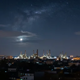 a big industrial city metropoli in the distance, cloudy dark sky, it's late at night the moon and the milky way shine, equirectaln, 3 6 0 render panorama, seamless