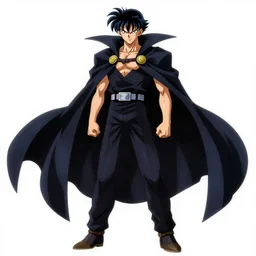 A badass anime protagonist who is wearing a giant cape by Kentaro Miura, unique design, concept art, full body portrait