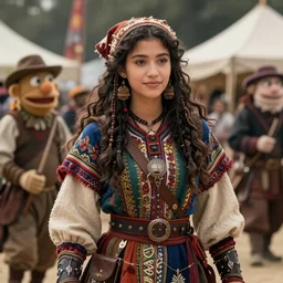 detailed ultrarealistic photography medium shot of dnd fantasy festival fashion ethnic rustic girl warrior in muppet show cloth, leyendecker, norman rockwell, greg rutkowski, jim henson artstation cinematic, vray